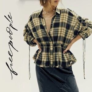 Free People Pacific Dawn Plaid Peplum Black, Green, Gray & Beige NWT